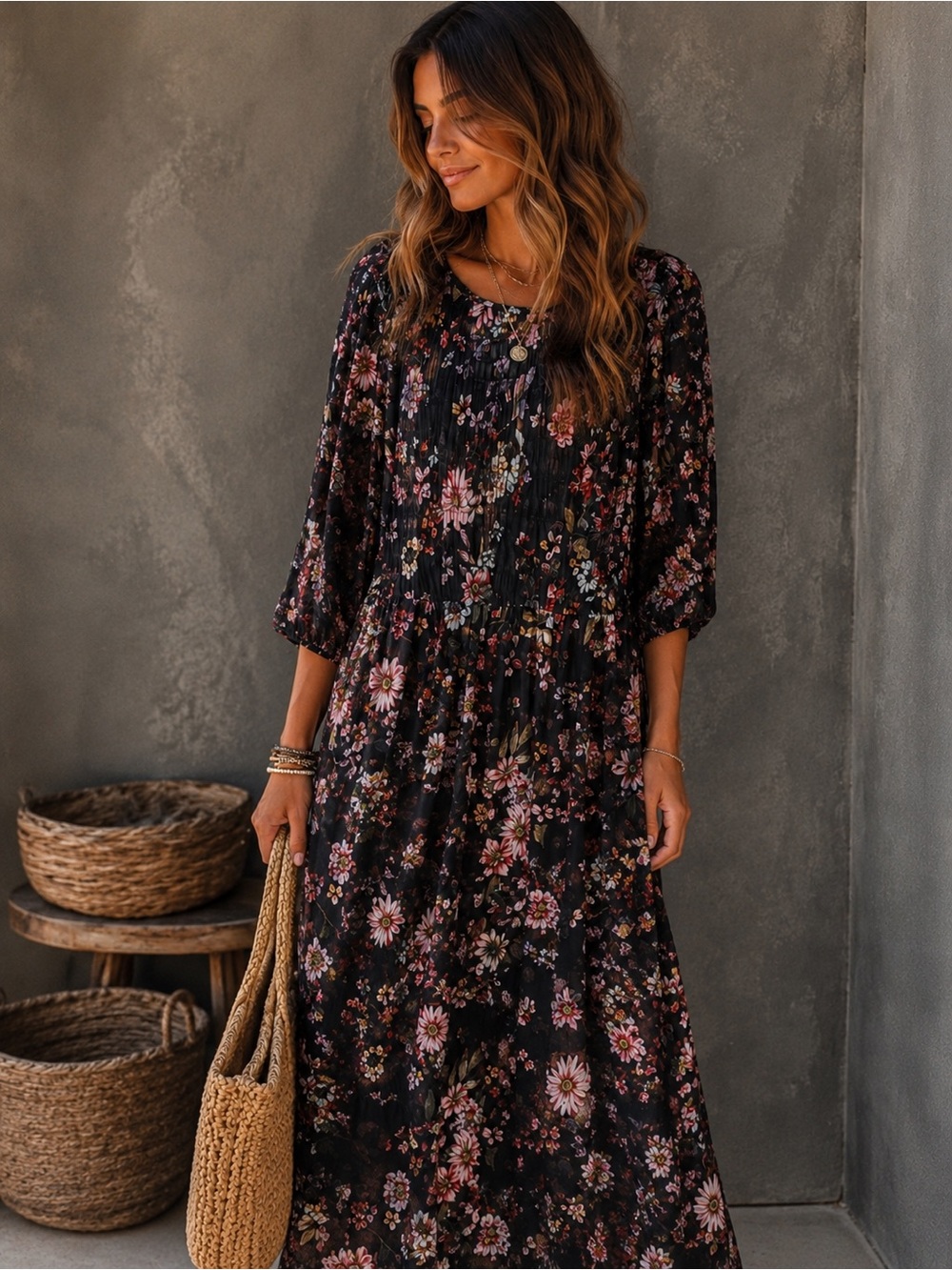 ECI New York Womens Black Floral Smocked Bell Sleeve Maxi Dress Size‎ S